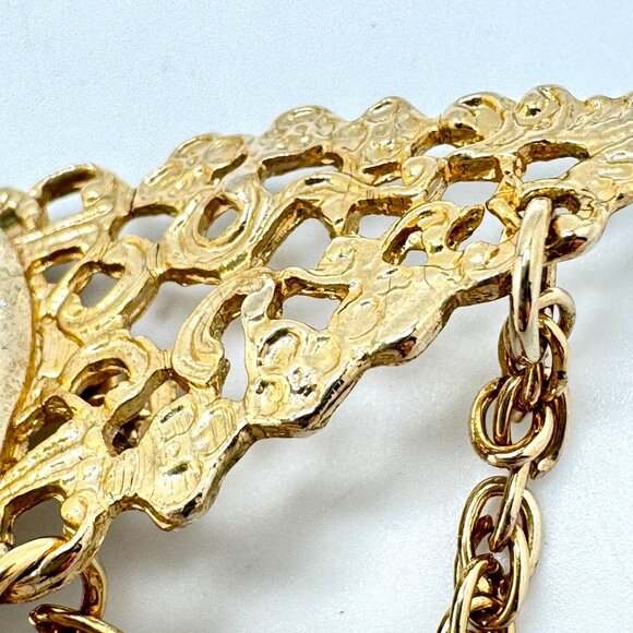 Vtg Gold Tone Filigree Brooch Colorful Mosaic Center & Dangling Chain Accents - Picture 7 of 9